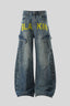 Yellow Typography Cargo Wide Leg Jeans