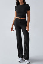Essential Solid Color Crewneck Top Wide Leg Pants Set