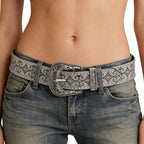 White Embossed Leather Retro Belt