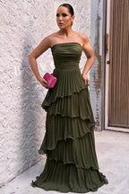 Solid Ruched Tiered Strapless Slim Fit Elegant Prom Dress