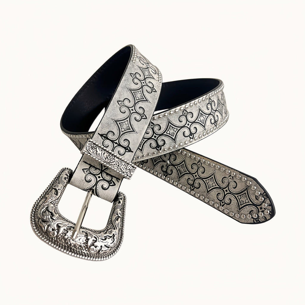 White Embossed Leather Retro Belt