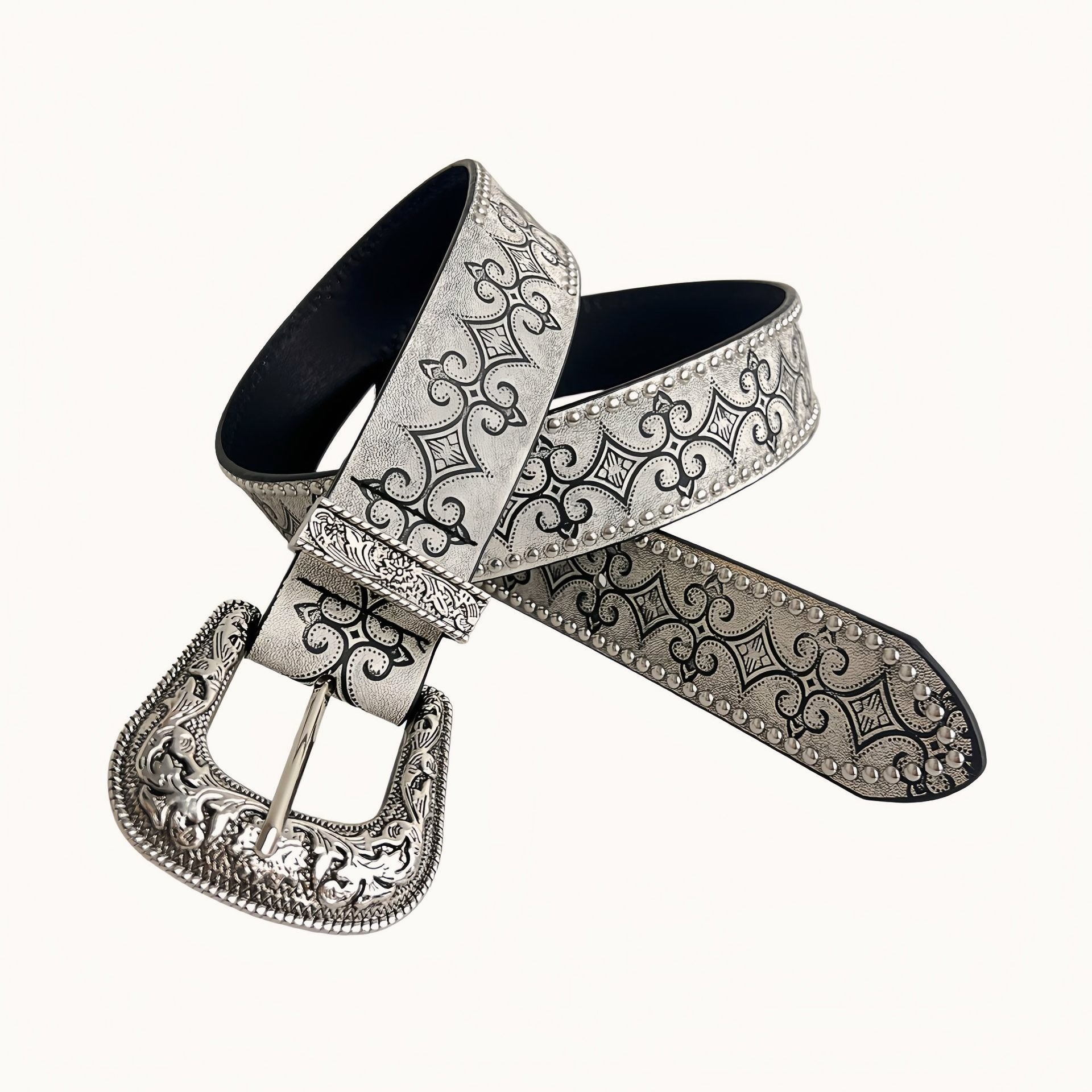 White Embossed Leather Retro Belt