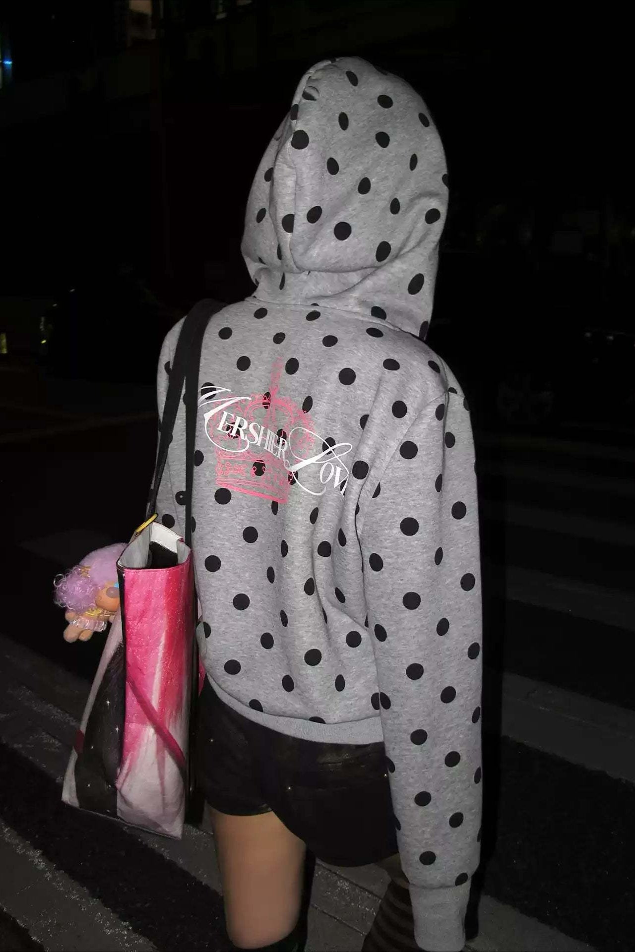 Polka Dot Ruffle Trim Zip Up Hoodie