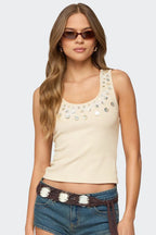 Sequin Button Ribbed Sleeveless Crop Top