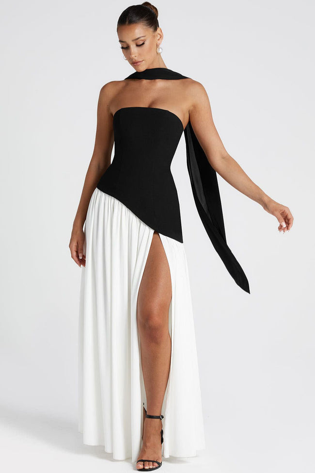 Color Block Flowy Tie Bustier Formal Dress XS / Black Main image