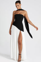 Color Block Flowy Tie Bustier Formal Dress XS / Black