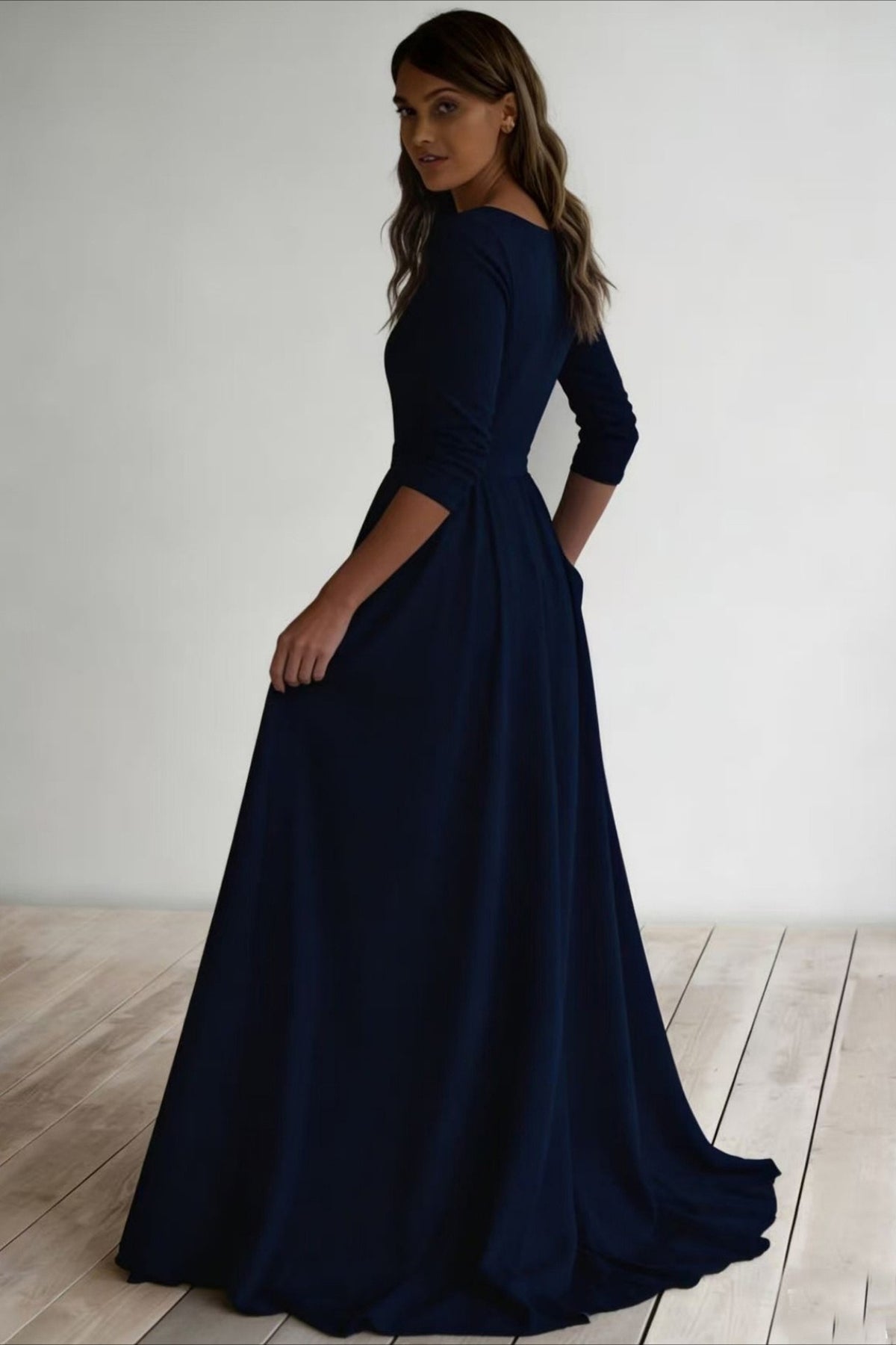 Three Quarter Sleeve Pocket Formal Dress