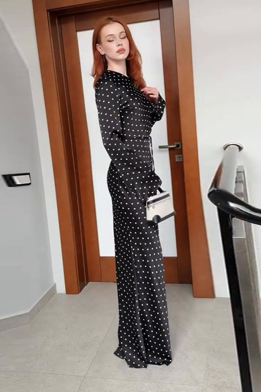 Polka Dot Black Long Sleeve Waist Tie Maxi Dress Secondary image