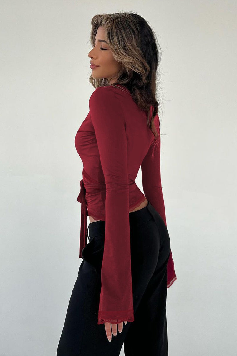 V Neck Lace Trim Bodycon Long Sleeve Tee Secondary image