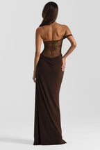 Solid Lace Panel Bodycon Formal Dress S / Brown