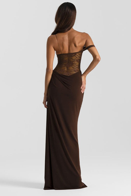 Solid Lace Panel Bodycon Formal Dress S / Brown