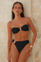 Retro High Waist Metal Detail Halter Strapless Bikini Set