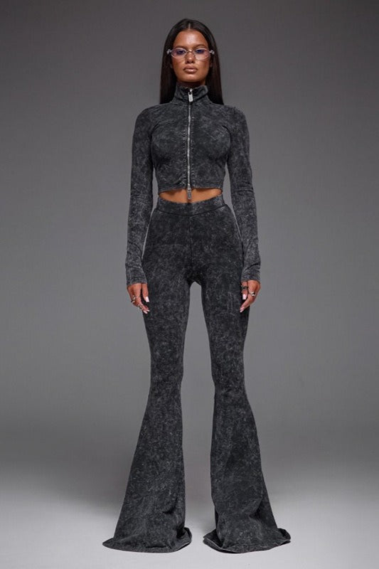 Sexy Zip Front Crop Top Flared Pants Set Secondary image
