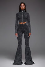Sexy Zip Front Crop Top Flared Pants Set
