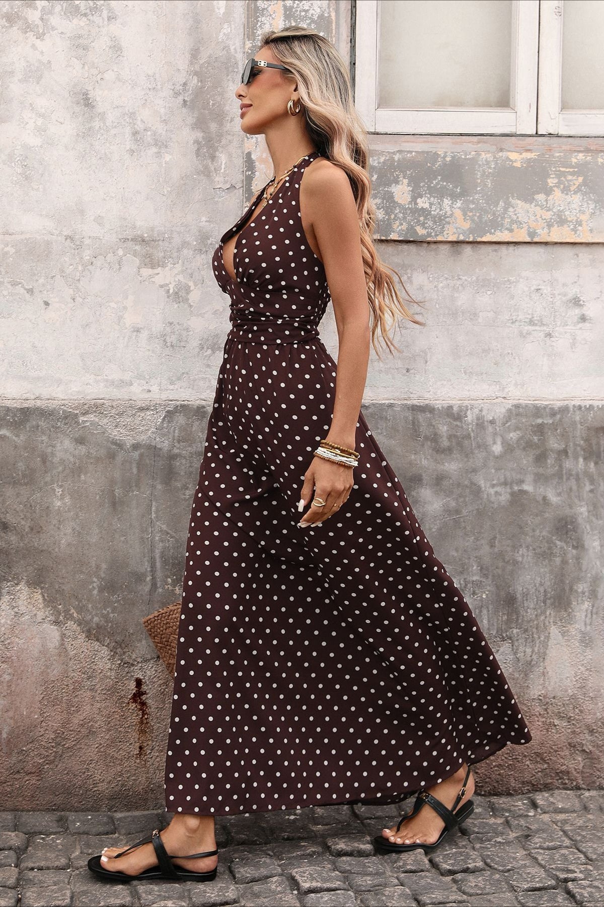 Retro Polka Dot Halter Deep V Maxi Dress Secondary image