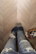 Studded Ripped Flared Vintage Wash Jeans