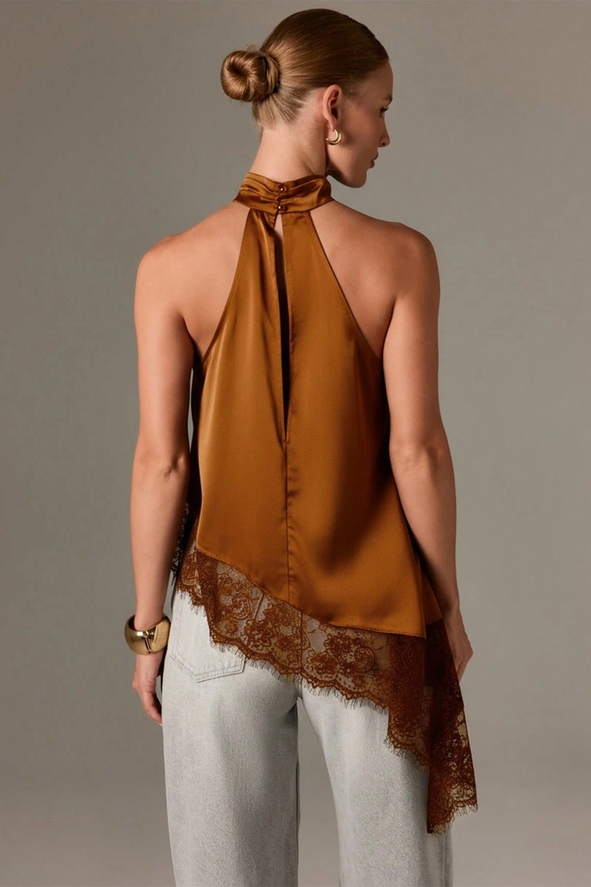 Lace Trim Asymmetric Hem Halter Top