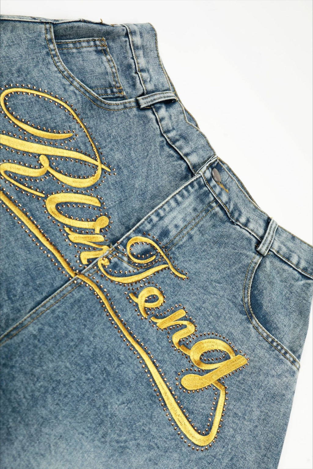 Gold Script Embroidered Barrel Leg Jeans