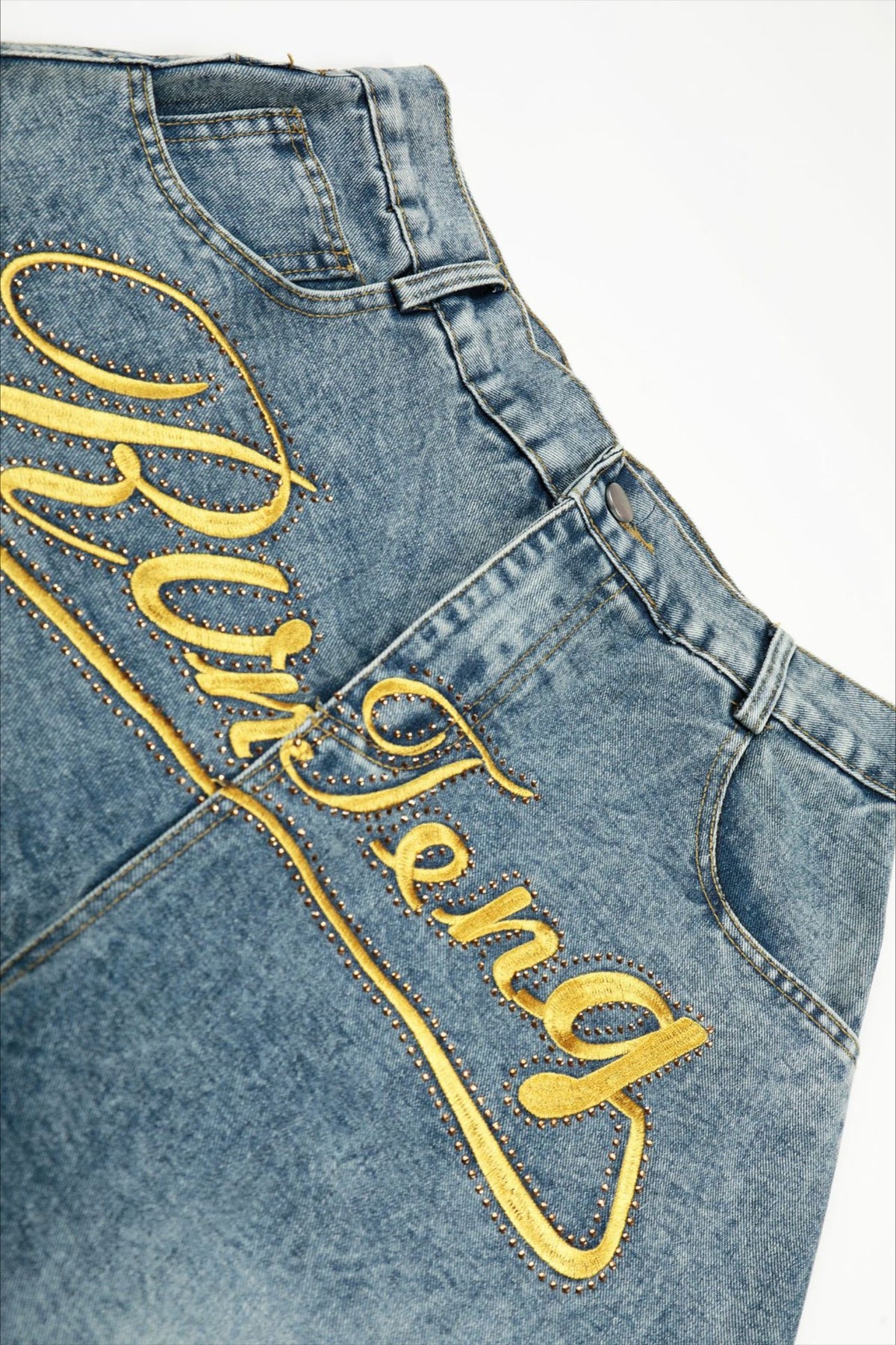Gold Script Embroidered Barrel Leg Jeans