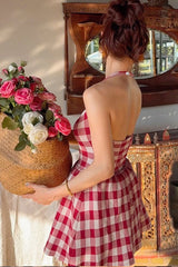 Red Plaid Halter Slip Dress
