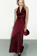 Cowl Neck Satin Halter Formal Dress