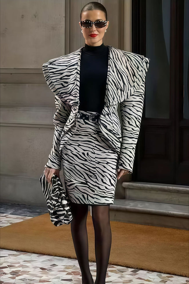 V Neck Zebra Print Two Piece Blazer Skirt Set Main image