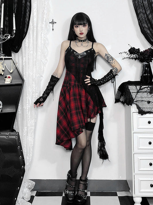 Gothic Irregular Red Plaid Lace Vintage Backless Patchwork Party Club Dress