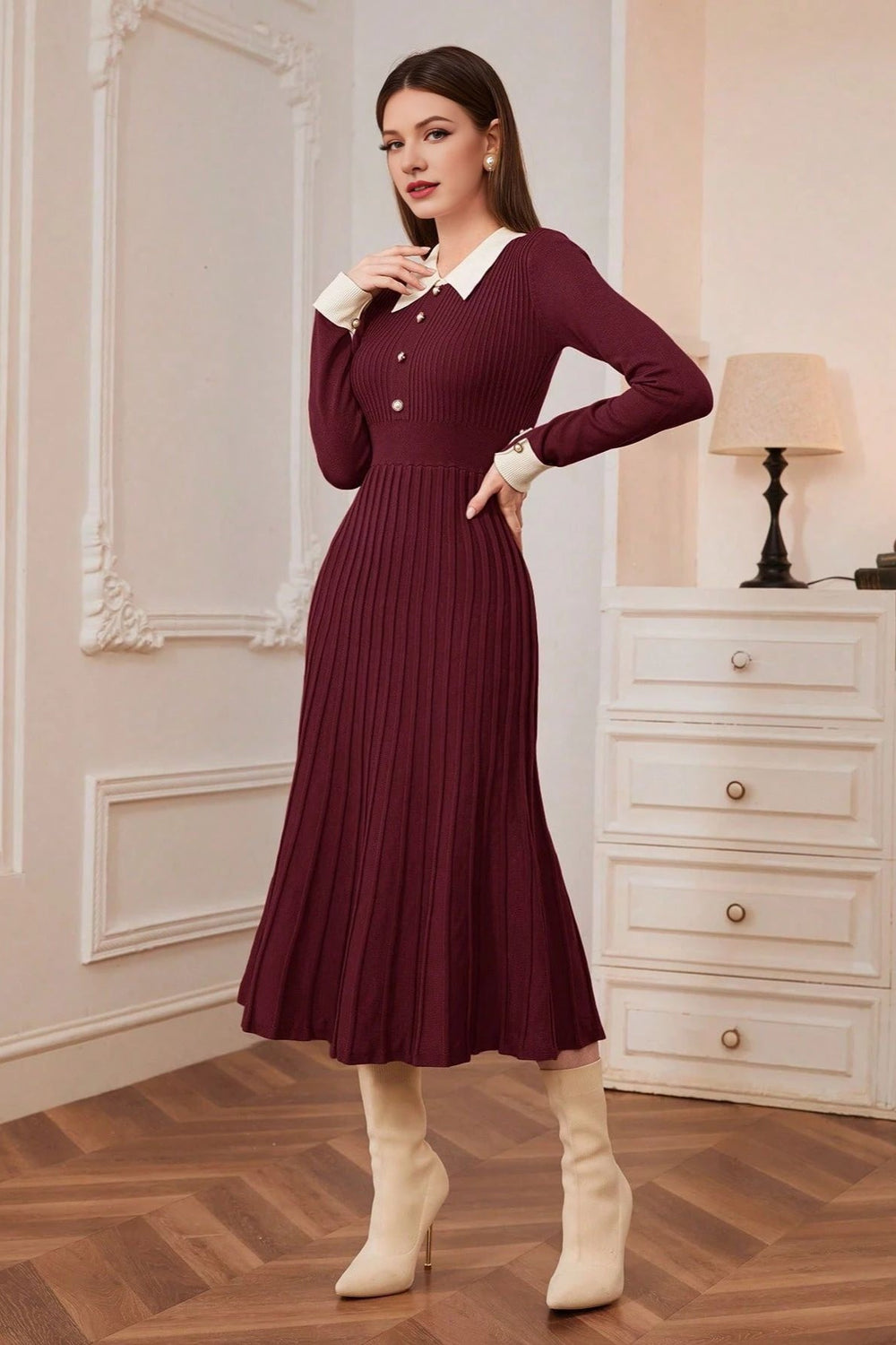 Vintage Knit A-Line Sweater Dress Claret / One Size