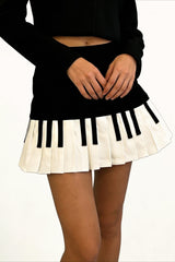 Retro Black White Piano Pleated High Waist Slim Skirt