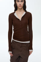 Button Detail Layered Long Sleeve Knit Top