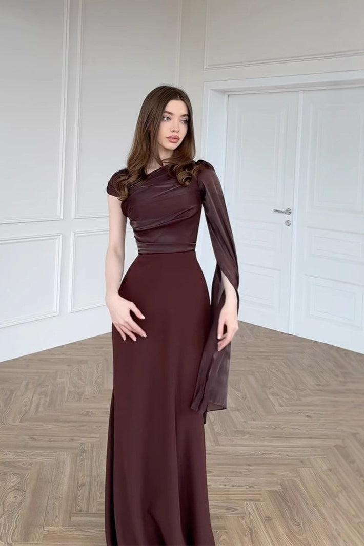 Chiffon One Shoulder Formal Dress S / Brown