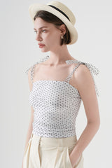 Polka Dot Halter Cropped Ruched Tie Front Tank Top