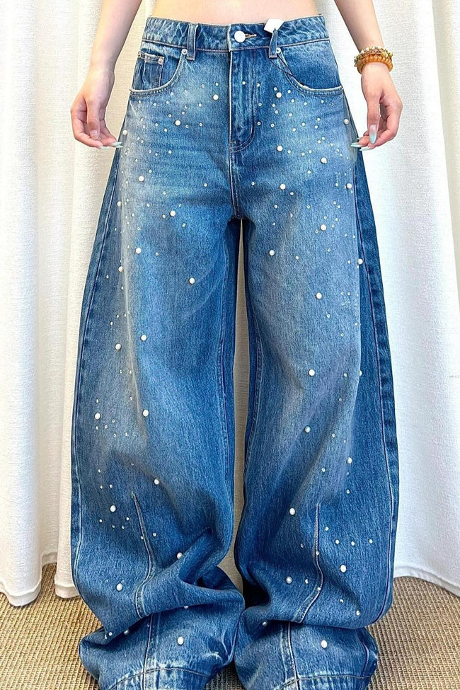 Pearl Embellished High Waisted Wide Leg Jeans Main image