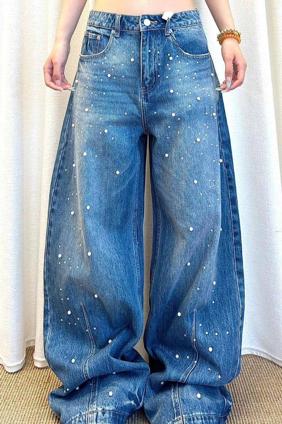 Pearl Embellished High Waisted Wide Leg Jeans Main image