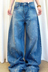 Pearl Embellished High Waisted Wide Leg Jeans