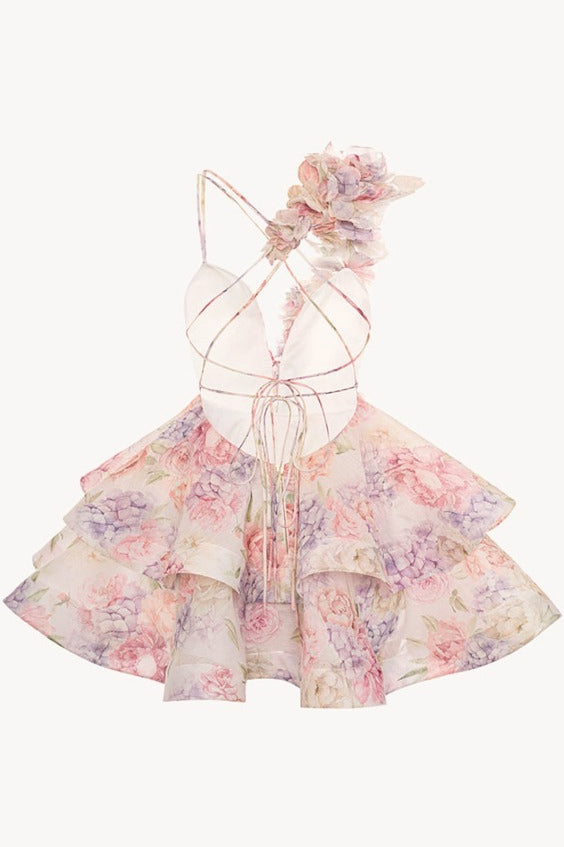 V Neck Backless Strap Slim Floral Dress