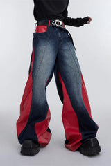 Wide Leg PU Leather Patchwork Jeans