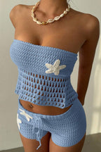 Floral Knit Crochet Crop Bodycon Shorts Set