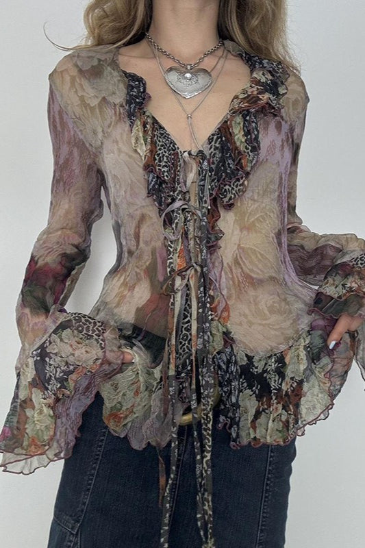 Vintage Tie Dye Ruffle Lace Up Mesh Flare Sleeve Blouse Main image