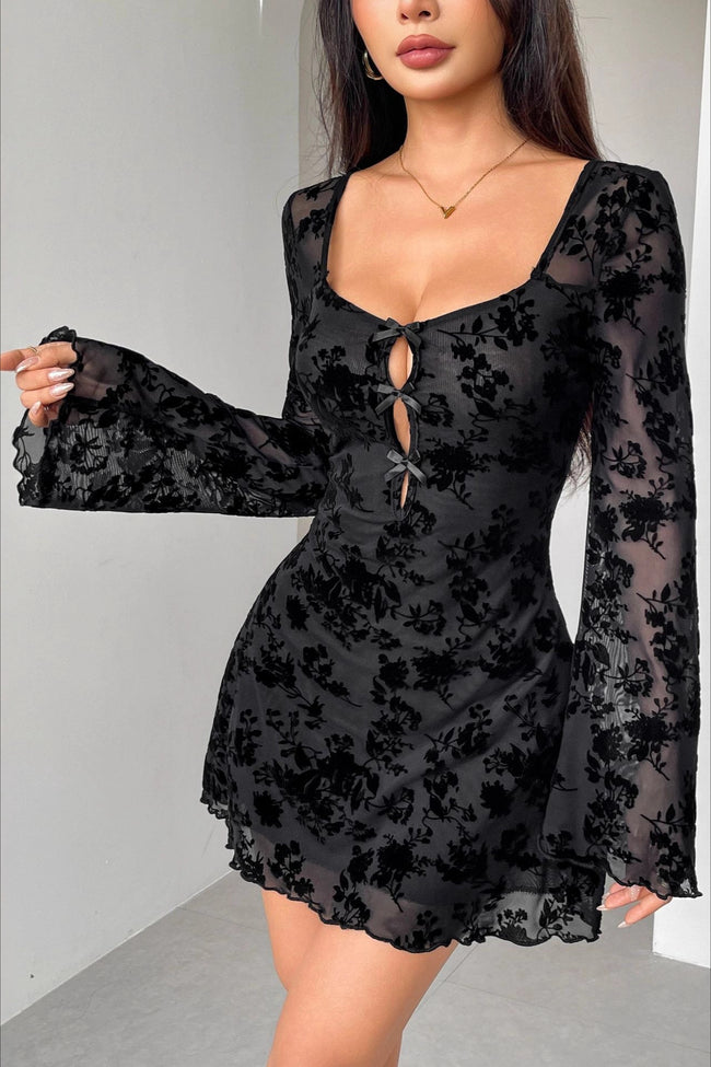 Flocked Floral Cutout Bow Long Sleeve Floral Dress Main image