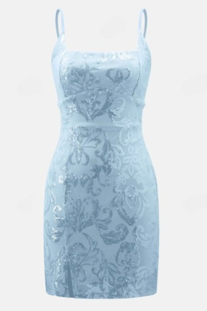 Floral Sequin Square Neck Cocktail Dress
