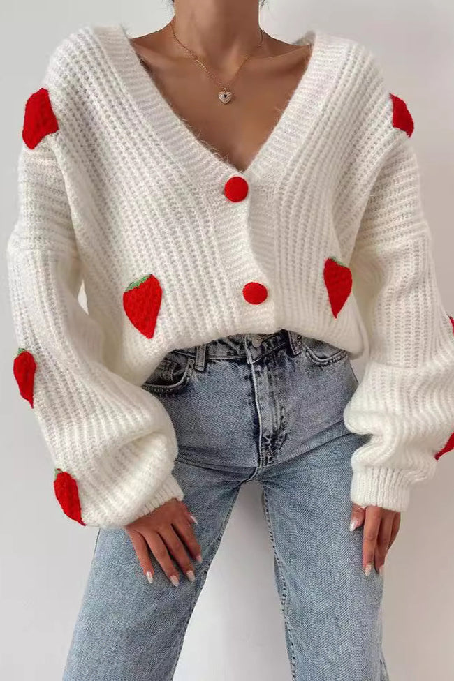 Strawberry Appliqué Chunky Knit Sweater S / White Main image
