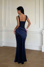 Square Neck Ruched Satin Formal Dress