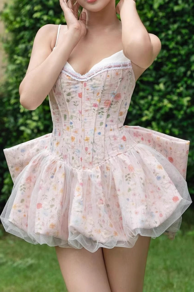 Ruched Corset Bow A Line Mini Floral Dress Main image