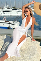 Solid Halter Mesh High Slit Two Piece Swim Set