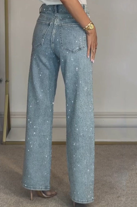 Rhinestone Washed High Waist Straight Jeans Secondary image