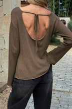 Brown Knit Boat Neck Flare Sleeve Tee