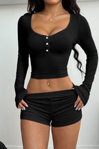 Long Sleeve Sporty Button Down Top Shorts Set