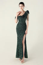 Draped One Shoulder Ruffle Formal Dress