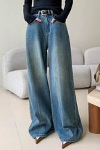 Blue Washed Casual High Waist Relaxed Long Jeans